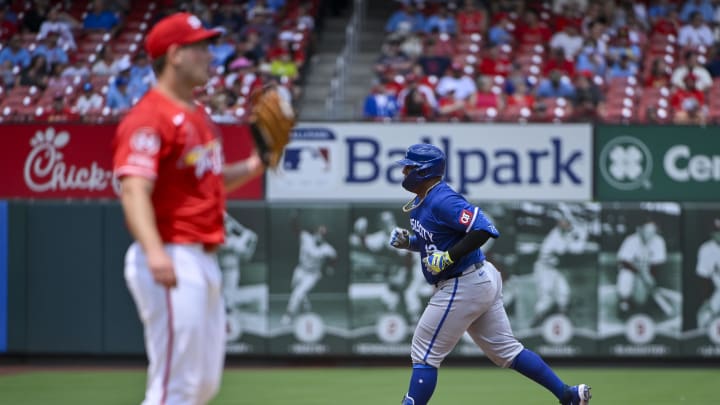 Jul 10, 2024; St. Louis, Missouri, USA; Kansas City Royals catcher Salvador Perez (13) runs the bases after hitting a solo home run off of St. Louis Cardinals starting pitcher Andre Pallante (53) during the sixth inning at Busch Stadium. Mandatory Credit: Jeff Curry-USA TODAY Sports Jul 10, 2024; St. Louis, Missouri, USA; Kansas City Royals catcher Salvador Perez (13) runs the bases after hitting a solo home run off of St. Louis Cardinals starting pitcher Andre Pallante (53) during the sixth inning at Busch Stadium. Mandatory Credit: Jeff Curry-USA TODAY Sports