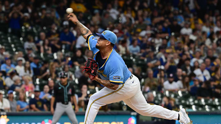 Milwaukee Brewers starting pitcher Frankie Montas (47) pitches in the first inning against the Arizona Diamondbacks at American Family Field in 2024. Milwaukee Brewers starting pitcher Frankie Montas (47) pitches in the first inning against the Arizona Diamondbacks at American Family Field in 2024.