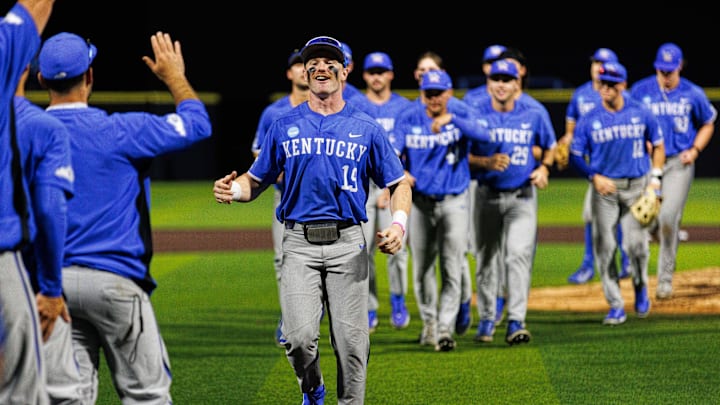 Jun 2, 2024; Lexington, KY, USA; Kentucky Wildcats outfielder Nolan McCarthy (19) celebrates with teammates after Kentucky wins against the Indiana State Sycamores at Kentucky Proud Park. Mandatory Credit: Jordan Prather-USA TODAY Sports