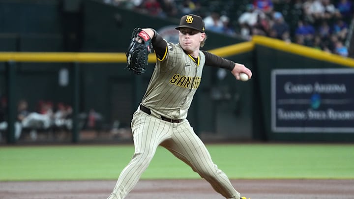 Aug 4, 2025; Phoenix, Arizona, USA; San Diego Padres pitcher JP Sears (38) throws against the Arizona Diamondbacks in the first inning at Chase Field. Mandatory Credit: Rick Scuteri-Imagn Images Aug 4, 2025; Phoenix, Arizona, USA; San Diego Padres pitcher JP Sears (38) throws against the Arizona Diamondbacks in the first inning at Chase Field. Mandatory Credit: Rick Scuteri-Imagn Images