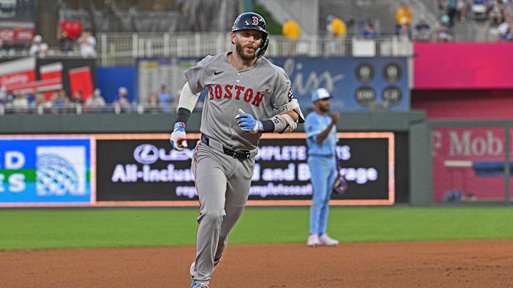 Boston Red Sox shortstop Trevor Story (10) runs the bases after hitting a three-run home run in the seventh inning against the Kansas City Royals at Kauffman Stadium on May 10.