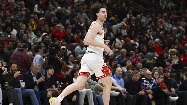 Mar 10, 2025; Chicago, Illinois, USA; Chicago Bulls guard Josh Giddey (3) after scoring against the Indiana Pacers during the second half  at United Center. Mandatory Credit: Matt Marton-Imagn Images