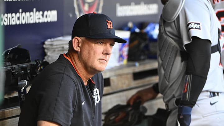 Jul 3, 2025; Washington, District of Columbia, USA; Detroit Tigers manager A.J. Hinch (14) in the dugout before the game against the Washington Nationals at Nationals Park. Mandatory Credit: Brad Mills-Imagn Images