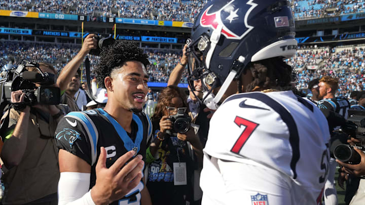 Oct 29, 2023; Charlotte, North Carolina, USA; Carolina Panthers quarterback Bryce Young (9) with Houston Texans quarterback C.J. Stroud (7) after the game at Bank of America Stadium. Mandatory Credit: Bob Donnan-Imagn Images Oct 29, 2023; Charlotte, North Carolina, USA; Carolina Panthers quarterback Bryce Young (9) with Houston Texans quarterback C.J. Stroud (7) after the game at Bank of America Stadium. Mandatory Credit: Bob Donnan-Imagn Images