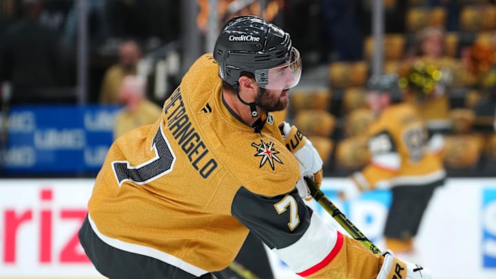 May 8, 2025; Las Vegas, Nevada, USA; Vegas Golden Knights defenseman Alex Pietrangelo (7) warms up before game two of the second round of the 2025 Stanley Cup Playoffs against the Edmonton Oilers at T-Mobile Arena. Mandatory Credit: Stephen R. Sylvanie-Imagn Images