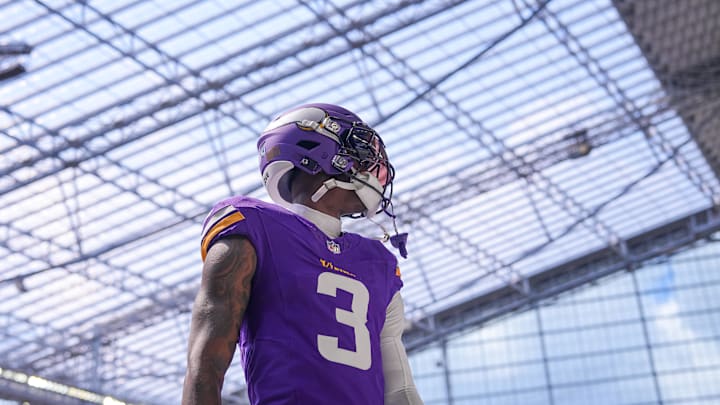 Minnesota Vikings wide receiver Jordan Addison (3) warms up before the game against the Las Vegas Raiders at U.S. Bank Stadium in Minneapolis on Aug. 10, 2024.