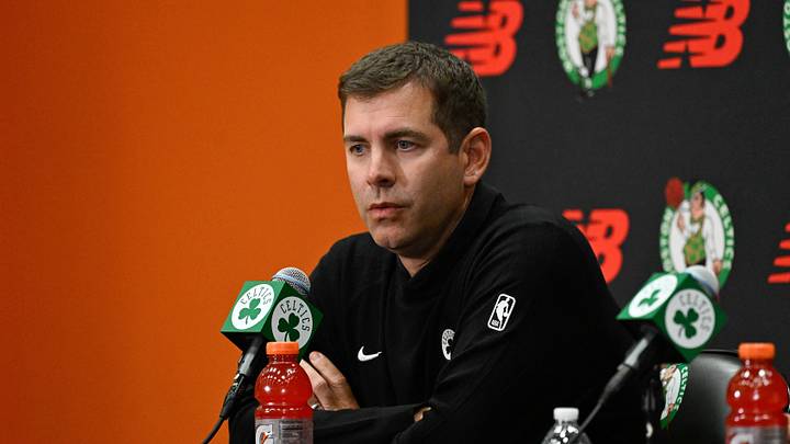 Sep 25, 2025; Boston, MA, USA;  Boston Celtics president of basketball operations Brad Stevens speaks during a press conference at Auerbach Center. Mandatory Credit: Eric Canha-Imagn Images