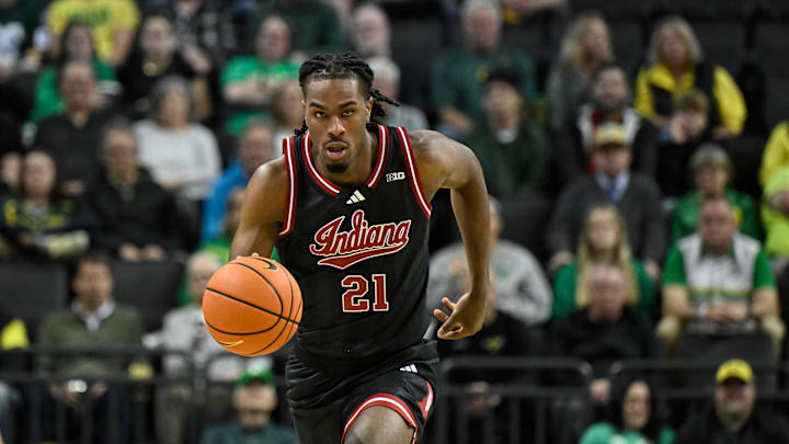 Mar 4, 2025; Eugene, Oregon, USA; Indiana Hoosiers forward Mackenzie Mgbako (21) dribbles the ball against the Oregon Ducks during the second half at Matthew Knight Arena. Mandatory Credit: Craig Strobeck-Imagn Images
