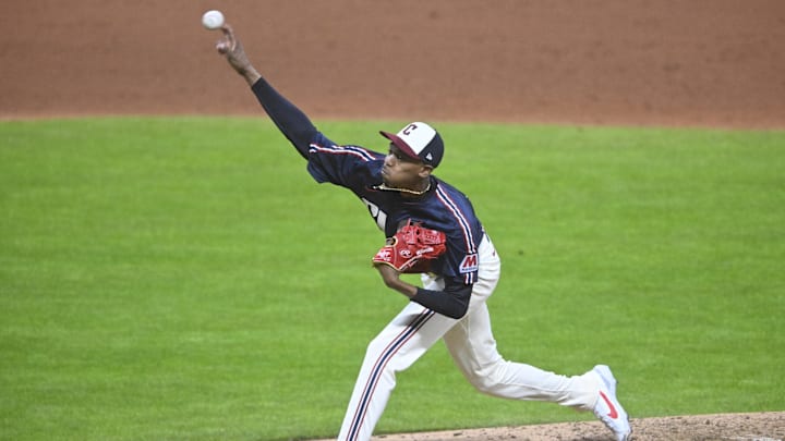 Cleveland Guardians relief pitcher Triston McKenzie (24) delivers a pitch in the ninth inning against the Kansas City Royals at Progressive Field on April 11. Cleveland Guardians relief pitcher Triston McKenzie (24) delivers a pitch in the ninth inning against the Kansas City Royals at Progressive Field on April 11.