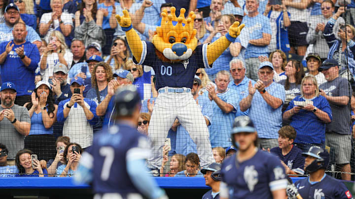 May 30, 2025; Kansas City, Missouri, USA; Kansas City Royals mascot Sluggerrr celebrates after a home run by shortstop Bobby Witt Jr. (7) during the first inning against the Detroit Tigers at Kauffman Stadium. Mandatory Credit: Jay Biggerstaff-Imagn Images