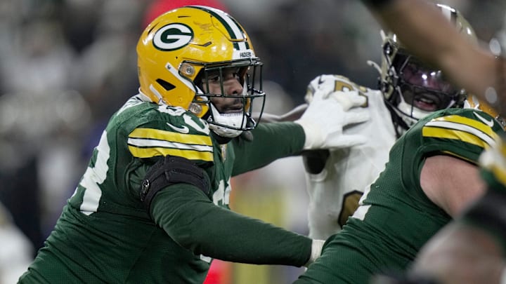 Green Bay Packers offensive tackle Rasheed Walker (63) provides pass protection during the third quarter of their game Monday, December 23, 2024 at Lambeau Field in Green Bay, Wisconsin. The Green Bay Packers beat the New Orleans Saints 34-0.