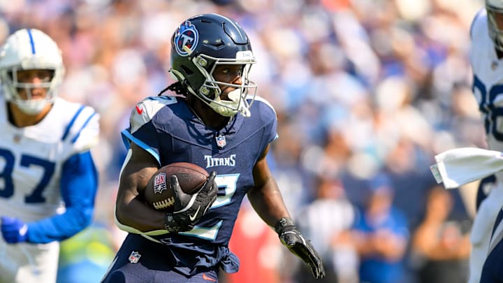Oct 13, 2024; Nashville, Tennessee, USA; Tennessee Titans running back Tyjae Spears (2) runs the ball against the Indianapolis Colts during the first half at Nissan Stadium. Mandatory Credit: Steve Roberts-Imagn Images Oct 13, 2024; Nashville, Tennessee, USA; Tennessee Titans running back Tyjae Spears (2) runs the ball against the Indianapolis Colts during the first half at Nissan Stadium. Mandatory Credit: Steve Roberts-Imagn Images