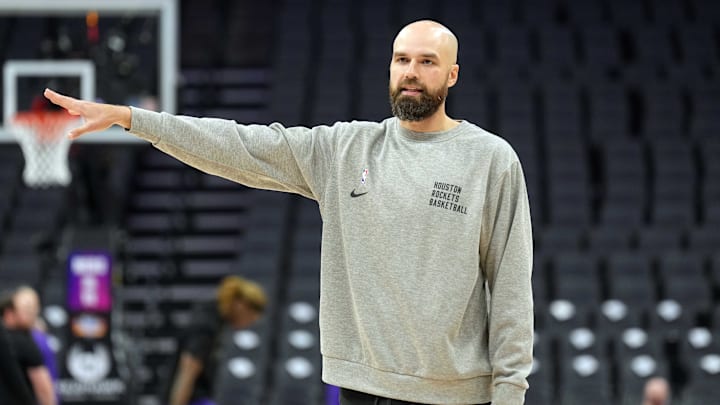 Mar 10, 2024; Sacramento, California, USA; Houston Rockets assistant coach Ben Sullivan gestures before the game against the Sacramento Kings at Golden 1 Center. Mandatory Credit: Darren Yamashita-Imagn Images