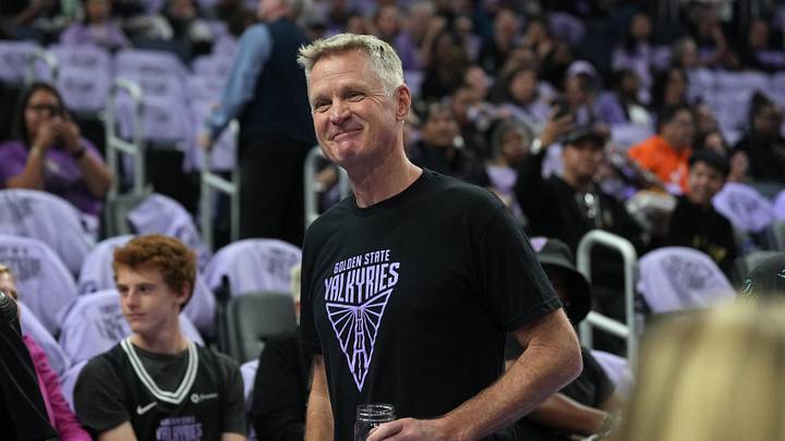 San Francisco, California, USA; Golden State Warriors head coach Steve Kerr walks along the court before the game between the Golden State Valkyries and the Los Angeles Sparks at Chase Center. Mandatory Credit: Darren Yamashita-Imagn Images