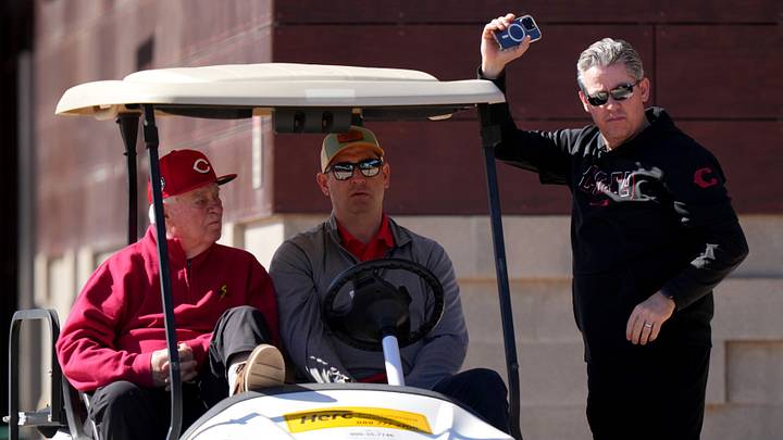 Feb 19, 2024; Goodyear, AZ, USA; From left; Cincinnati Reds CEO Bob Castellini, president of baseball operations Nick Krall and senior vice president and general manager Brad Meador talk during spring training workouts at Goodyear Ballpark. Mandatory Credit: Kareem Elgazzar-USA TODAY Sports Feb 19, 2024; Goodyear, AZ, USA; From left; Cincinnati Reds CEO Bob Castellini, president of baseball operations Nick Krall and senior vice president and general manager Brad Meador talk during spring training workouts at Goodyear Ballpark. Mandatory Credit: Kareem Elgazzar-USA TODAY Sports