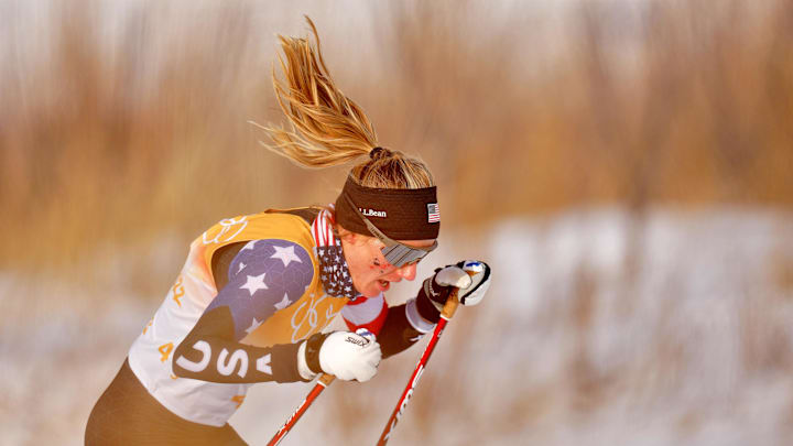 Novie McCabe (USA) in the women's cross-country skiing 4x15km relay during the Beijing 2022 Olympic Winter Games at Zhangjiakou Cross-Country Centre.