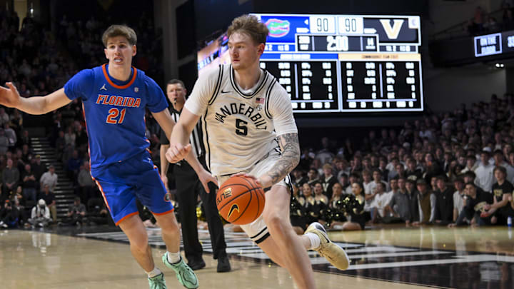 Jan 17, 2026; Nashville, Tennessee, USA;  Vanderbilt Commodores forward Tyler Nickel (5) drives baseline against the Florida Gators during the second half at Memorial Gymnasium. Mandatory Credit: Steve Roberts-Imagn Images
