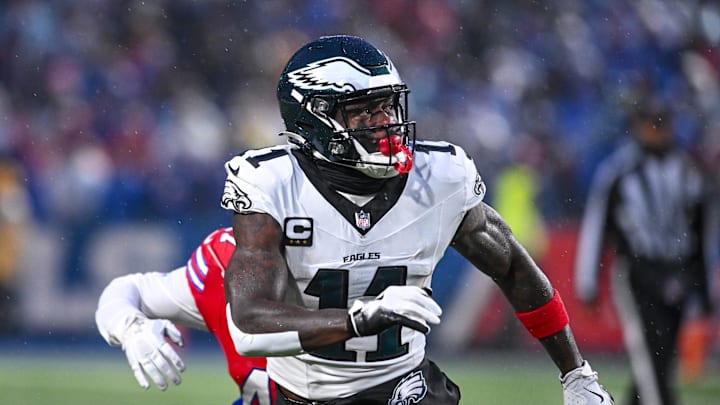 Dec 28, 2025; Orchard Park, New York, USA; Philadelphia Eagles wide receiver A.J. Brown (11) looks to receive a pass in the first quarter against the Buffalo Bills at Highmark Stadium. Mandatory Credit: Mark Konezny-Imagn Images