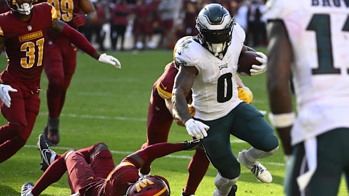 Oct 29, 2023; Landover, Maryland, USA; Philadelphia Eagles running back D'Andre Swift (0) carries