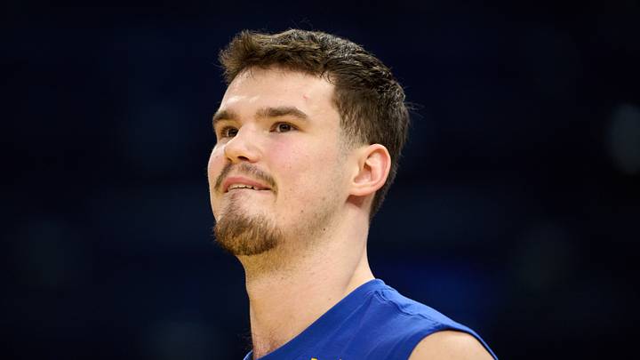 Dec 12, 2025; San Francisco, California, USA; Golden State Warriors center Quinten Post (21) looks on during warmups before the game against the Minnesota Timberwolves at Chase Center. Mandatory Credit: Robert Edwards-Imagn Images