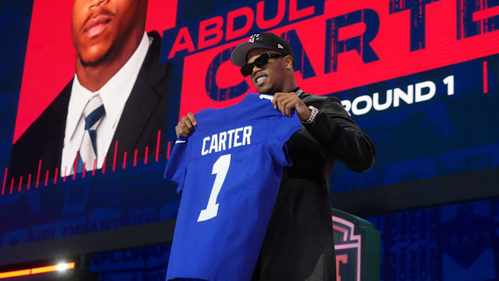 Apr 24, 2025; Green Bay, WI, USA; Penn State Nittany Lions defensive end Abdul Carter is selected by the New York Giants as the number three pick in the first round of the 2025 NFL Draft at Lambeau Field. Mandatory Credit: Kirby Lee-Imagn Images