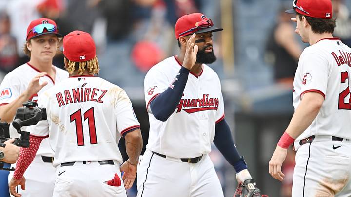 Aug 30, 2026; Cleveland, Ohio, USA; Cleveland Guardians left fielder Jo Adell (7) celebrates with right fielder Chase DeLauter (24) after the Guardians beat the Kansas City Royals at Progressive Field. Mandatory Credit: Ken Blaze-Imagn Images