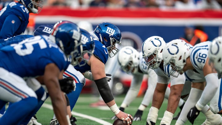 New York Giants guard Greg Van Roten (74) gets ready to snap the ball during a game between New York Giants and Indianapolis Colts at MetLife Stadium on Sunday, Dec. 29, 2024.