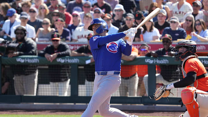 Matt Shaw of Chicago Cubs swings bat and hits bal
