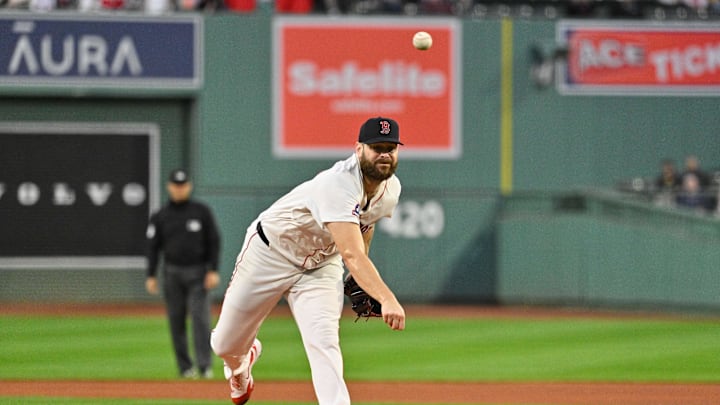 Sep 17, 2025; Boston, Massachusetts, USA; Boston Red Sox starting pitcher Lucas Giolito (54) pitches against the Athletics during the first inning at Fenway Park. Mandatory Credit: Eric Canha-Imagn Images