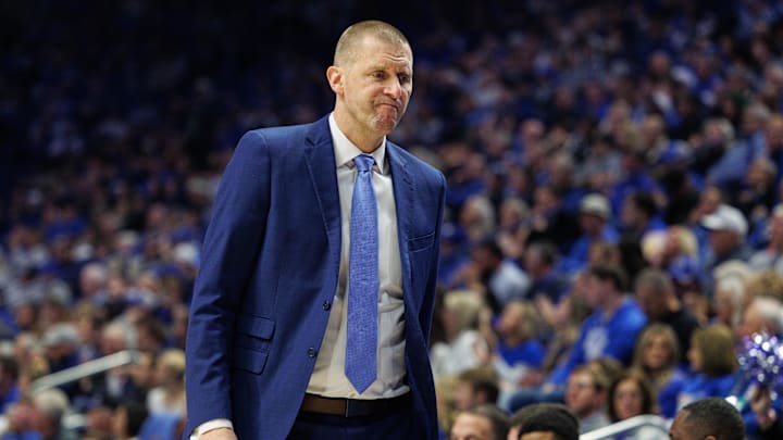 Dec 11, 2024; Lexington, Kentucky, USA; Kentucky Wildcats head coach Mark Pope reacts to the action on the court during the first half against the Colgate Raiders at Rupp Arena at Central Bank Center. Mandatory Credit: Jordan Prather-Imagn Images