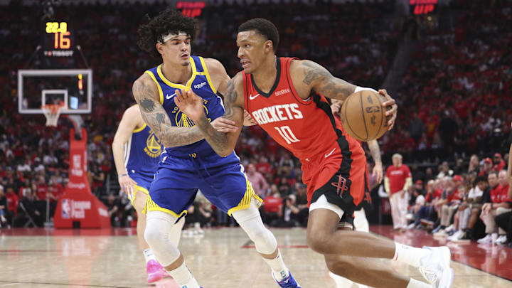 Apr 20, 2025; Houston, Texas, USA; Houston Rockets forward Jabari Smith Jr. (10) drives with the ball as Golden State Warriors forward Gui Santos (15) defends during the third quarter at Toyota Center. Mandatory Credit: Troy Taormina-Imagn Images Apr 20, 2025; Houston, Texas, USA; Houston Rockets forward Jabari Smith Jr. (10) drives with the ball as Golden State Warriors forward Gui Santos (15) defends during the third quarter at Toyota Center. Mandatory Credit: Troy Taormina-Imagn Images
