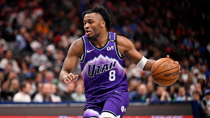 Jan 17, 2026; Dallas, Texas, USA; Utah Jazz guard Isaiah Collier (8) brings the ball up court against the Dallas Mavericks during the second quarter at the American Airlines Center. Mandatory Credit: Jerome Miron-Imagn Images