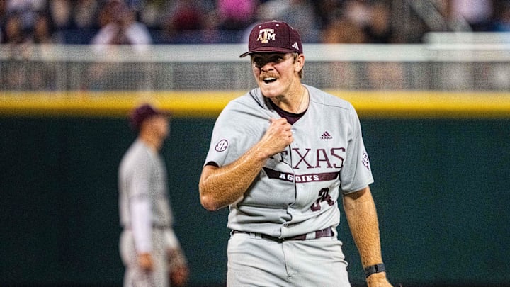 Jun 17, 2024; Omaha, NE, USA; Texas A&M Aggies pitcher Josh Stewart (34) reacts after defeating the Kentucky Wildcats at Charles Schwab Field Omaha. Mandatory Credit: Dylan Widger-Imagn Images