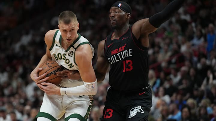 Feb 11, 2024; Miami, Florida, USA;  Miami Heat center Bam Adebayo (13) gets called for a foul on