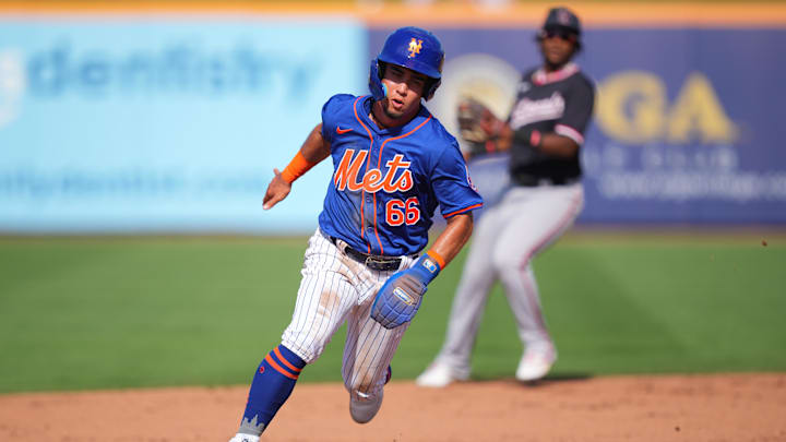 Mar 15, 2024; Port St. Lucie, Florida, USA; New York Mets second baseman Marco Vargas heads to third base on a base hit in the fifth inning against the Washington Nationals at Clover Park. Mandatory Credit: Jim Rassol-Imagn Images