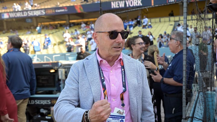 Oct 25, 2024; Los Angeles, California, USA; New York Yankees general manager Brian Cashman before game one against the Los Angeles Dodgers the 2024 MLB World Series at Dodger Stadium. 