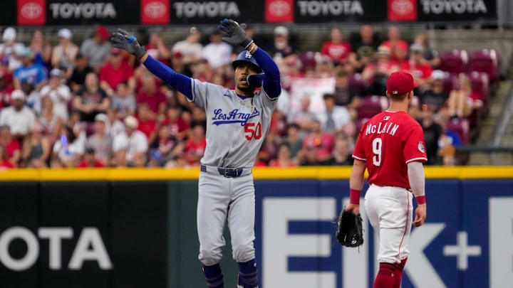 Los Angeles Dodgers shortstop Mookie Betts (50) celebrates a leadoff double in the first inning of the MLB National League game between the Cincinnati Reds and the Los Angeles Dodgers at Great American Ball Park in downtown Cincinnati on Monday, July 28, 2025. The game was tied 1-1 after three innings.
