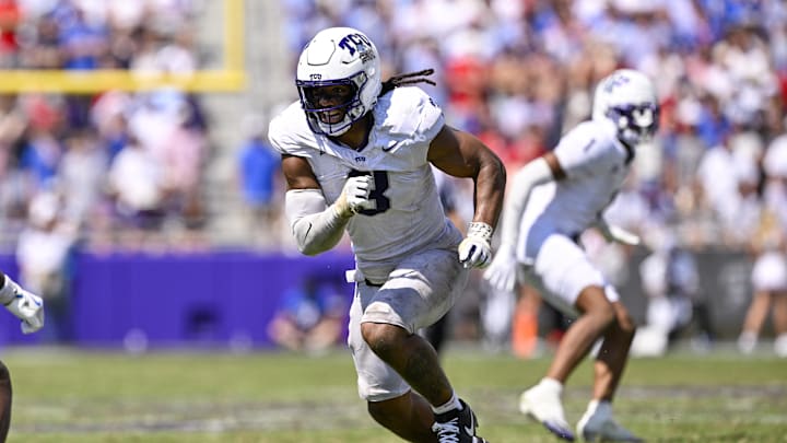 Sep 20, 2025; Fort Worth, Texas, USA; TCU Horned Frogs linebacker Kaleb Elarms-Orr (3) rushes the line during the game between the TCU Horned Frogs and the SMU Mustangs at Amon G. Carter Stadium. Mandatory Credit: Jerome Miron-Imagn Images