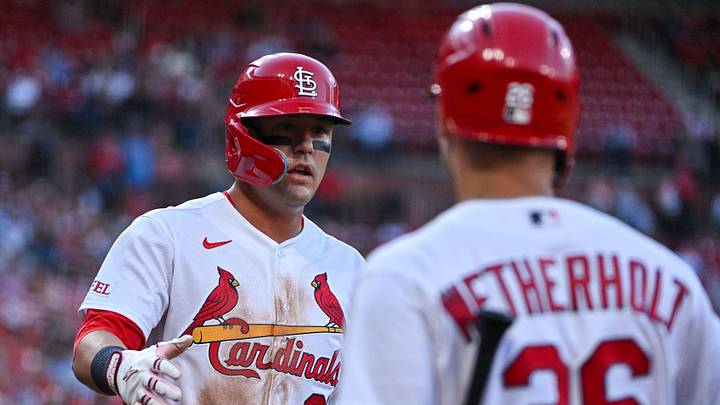 Jun 22, 2026; St. Louis, Missouri, USA; St. Louis Cardinals left fielder Lars Nootbaar (21) i9s congratulated by second baseman JJ Wetherholt (26) after scoring against the Arizona Diamondbacks during the fourth inning at Busch Stadium. Mandatory Credit: Jeff Curry-Imagn Images Jun 22, 2026; St. Louis, Missouri, USA; St. Louis Cardinals left fielder Lars Nootbaar (21) i9s congratulated by second baseman JJ Wetherholt (26) after scoring against the Arizona Diamondbacks during the fourth inning at Busch Stadium. Mandatory Credit: Jeff Curry-Imagn Images
