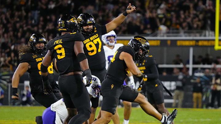 Arizona State linebacker Keyshaun Elliot (44) celebrates a a sack against TCU during a game at Mountain America Stadium in Tempe on Sept. 26, 2025.