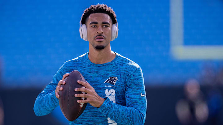 Nov 3, 2024; Charlotte, North Carolina, USA; Carolina Panthers quarterback Bryce Young (9) warms up before a game against the New Orleans Saints at Bank of America Stadium. Mandatory Credit: Scott Kinser-Imagn Images
