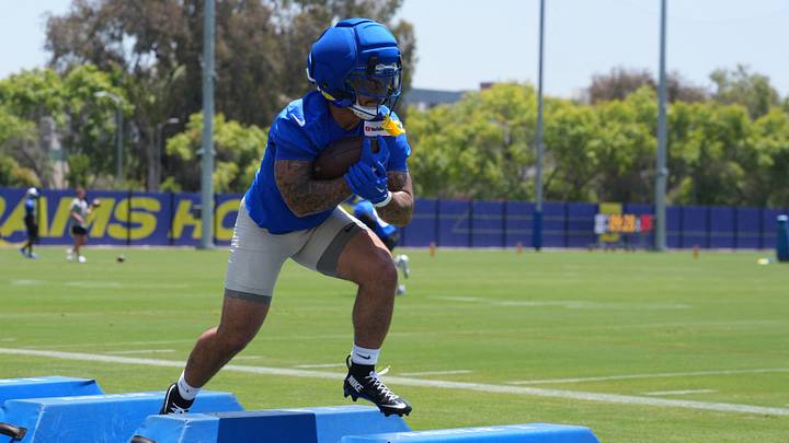 Jun 2, 2026; Woodland Hills, CA, USA; Los Angeles Rams running back Blake Corum (24) carries the ball during organized team activities at Rams Practice Facility. Mandatory Credit: Kirby Lee-Imagn Images Jun 2, 2026; Woodland Hills, CA, USA; Los Angeles Rams running back Blake Corum (24) carries the ball during organized team activities at Rams Practice Facility. Mandatory Credit: Kirby Lee-Imagn Images