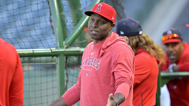 Apr 6, 2024; Anaheim, California, USA; Former Los Angeles Angels player Torii Hunter, has been named special Assistant to the General manager, on the field during batting practice prior to the game against the Boston Red Sox at Angel Stadium. Mandatory Credit: Jayne Kamin-Oncea-Imagn Images