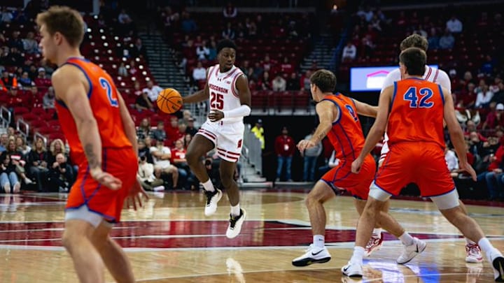 Wisconsin Badgers guard John Blackwell looks to drive against UW-Platteville in an exhibition game at the Kohl Center on October 29, 2025. Wisconsin Badgers guard John Blackwell looks to drive against UW-Platteville in an exhibition game at the Kohl Center on October 29, 2025.