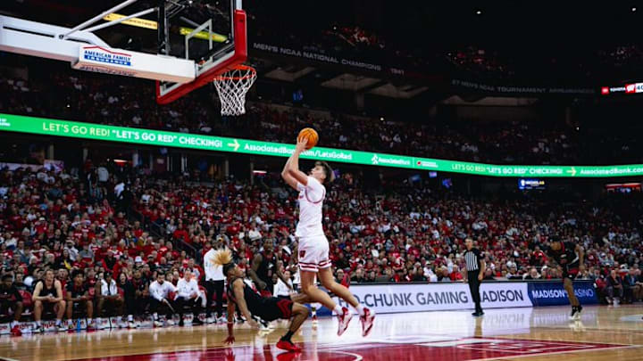 Wisconsin Badgers center Nolan Winter attempts a shot in the paint against Northern Illinois at the Kohl Center on November 7, 2025. Wisconsin won 97-72.