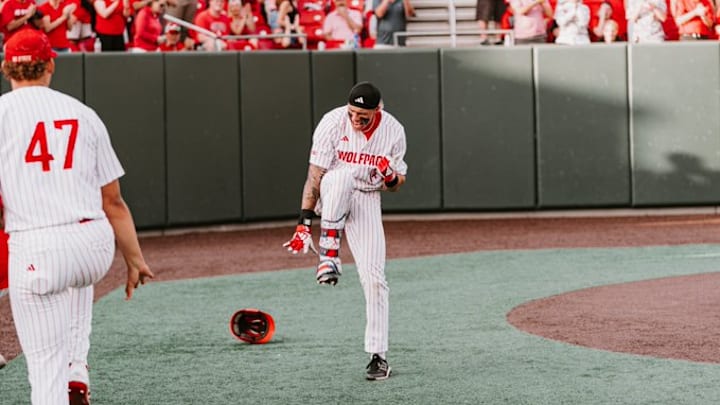 NC State CF Ty Head celebrates at home plate after hitting a solo home run in the Wolfpack's 7-3 win over Notre Dame on Friday, April 3, 2026. 