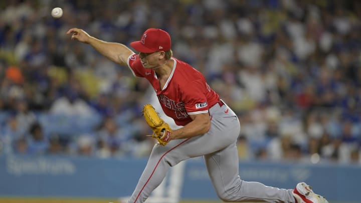 Los Angeles Angels relief pitcher Ben Joyce (44) delivers to the plate in the seventh inning against the Los Angeles Dodgers at Dodger Stadium on June 21. Los Angeles Angels relief pitcher Ben Joyce (44) delivers to the plate in the seventh inning against the Los Angeles Dodgers at Dodger Stadium on June 21.