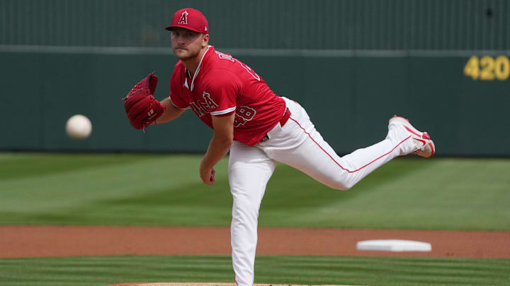 Mar 5, 2025; Tempe, Arizona, USA; Los Angeles Angels pitcher Reid Detmers (48) throws against the Los Angeles Dodgers in the first inning at Tempe Diablo Stadium. Mandatory Credit: Rick Scuteri-Imagn Images Mar 5, 2025; Tempe, Arizona, USA; Los Angeles Angels pitcher Reid Detmers (48) throws against the Los Angeles Dodgers in the first inning at Tempe Diablo Stadium. Mandatory Credit: Rick Scuteri-Imagn Images