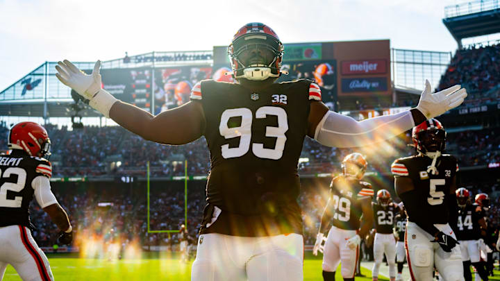 Nov 5, 2023; Cleveland, Ohio, USA; Cleveland Browns defensive tackle Shelby Harris (93) celebrates.