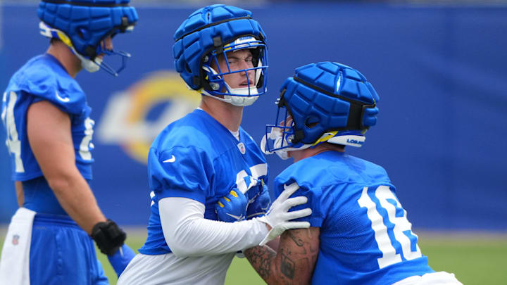May 28, 2025; Woodland Hills, CA, USA; Los Angeles Rams tight ends Allen Davis (87) and Terrance Ferguson (18) participate in offensive drills during organized team activities at Rams Practice Facility. Mandatory Credit: Kirby Lee-Imagn Images May 28, 2025; Woodland Hills, CA, USA; Los Angeles Rams tight ends Allen Davis (87) and Terrance Ferguson (18) participate in offensive drills during organized team activities at Rams Practice Facility. Mandatory Credit: Kirby Lee-Imagn Images